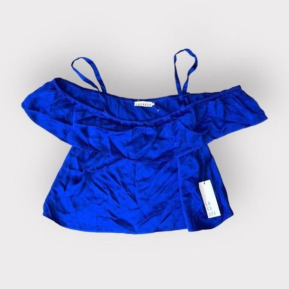 La Causa Neptune Cry Baby Tank Top Satin Royal Blue Ruffle Women's Large NWT - Picture 2 of 9